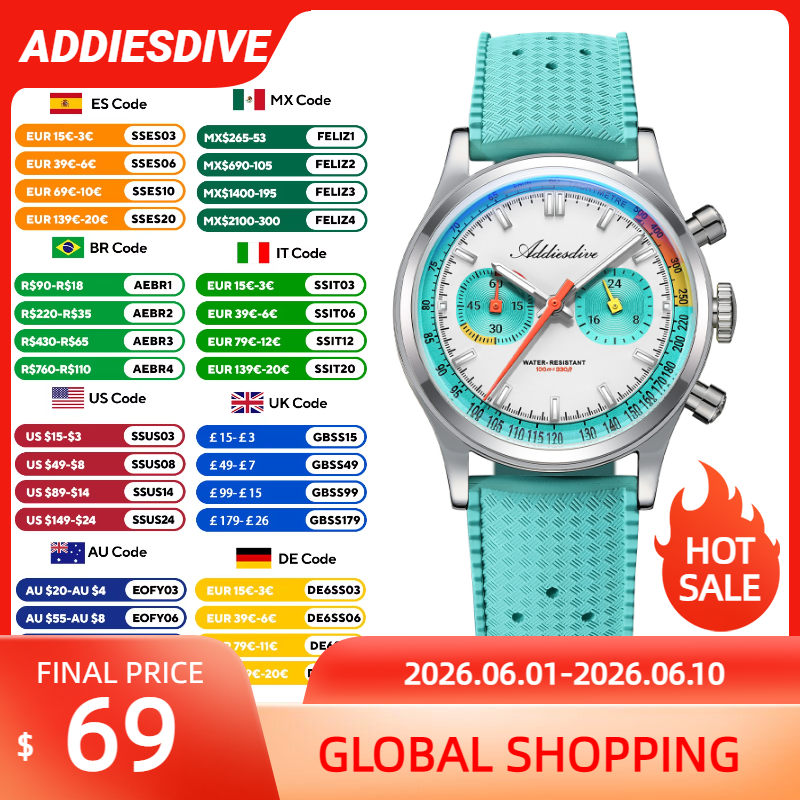 Luxury Watch Holder - ADDIESDIVE NEW Multifunction Chronograph Watch Domed