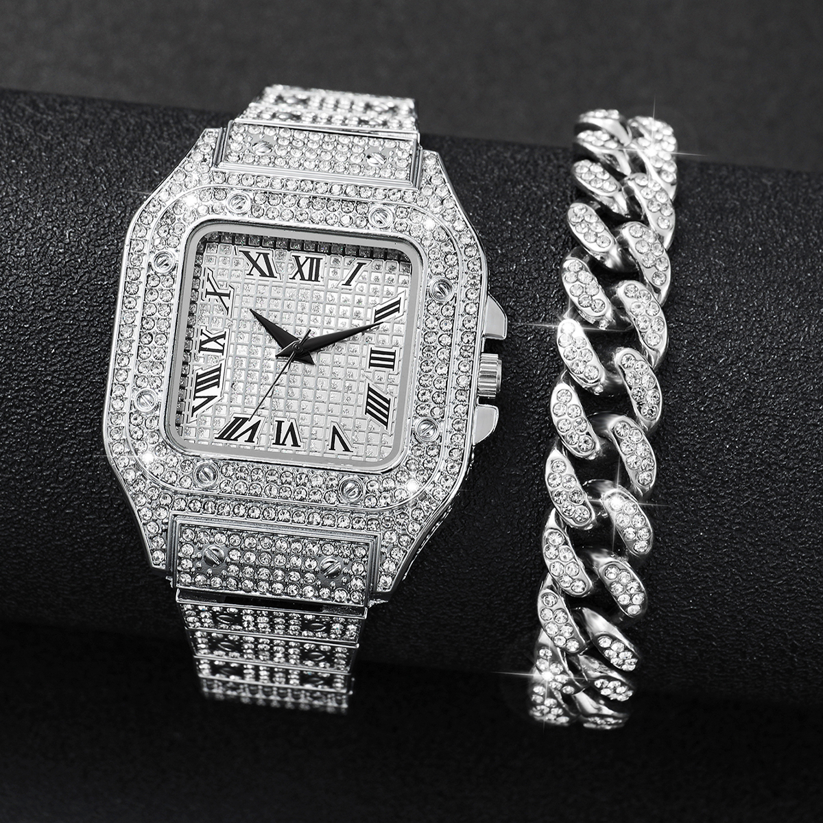 2PCS Iced Out Square Watch & C - Luxury Watch Life 评论和价格