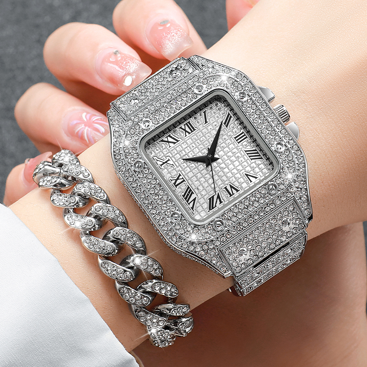 2PCS Iced Out Square Watch & C - Luxury Watch Life 评论和价格