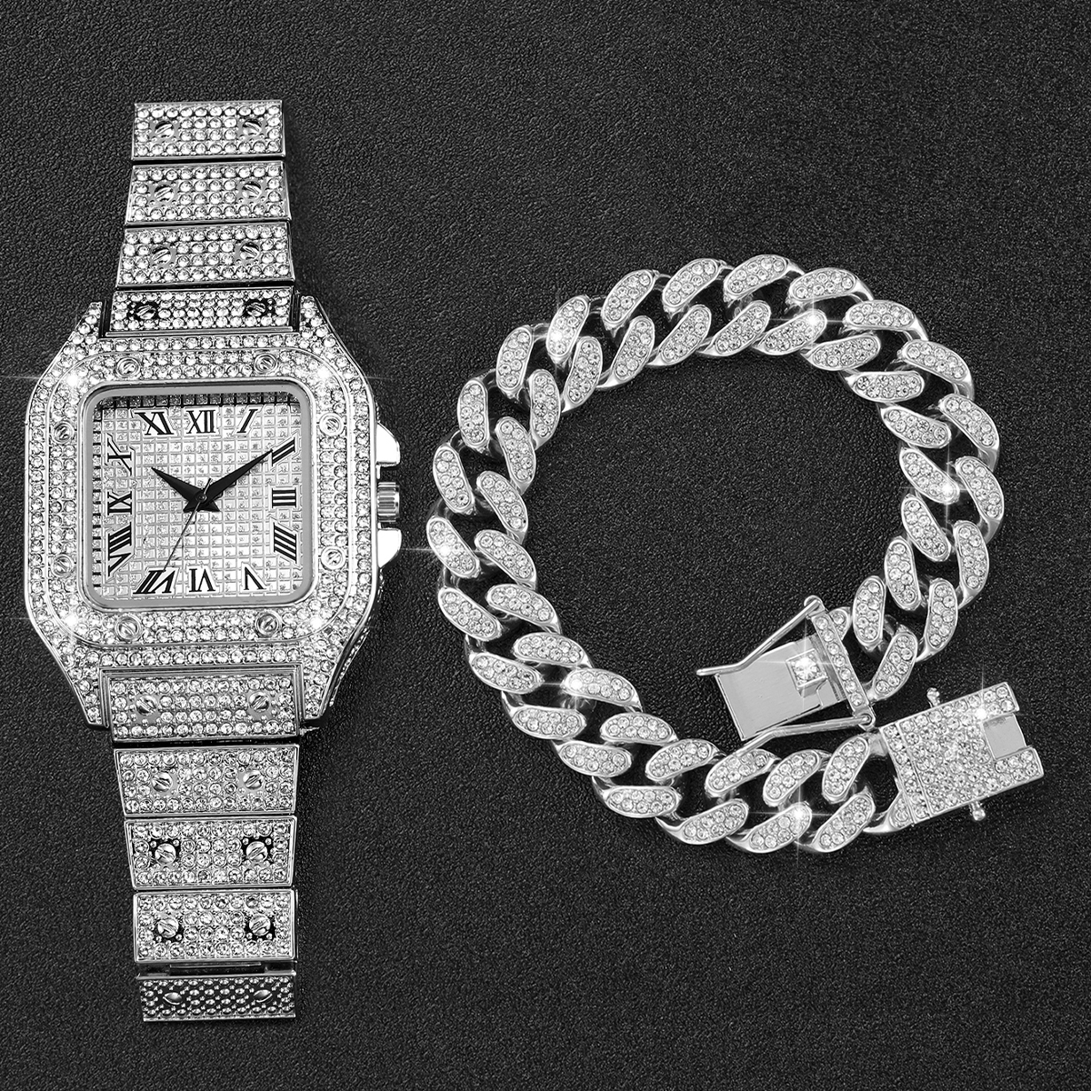 2PCS Iced Out Square Watch & C - Luxury Watch Life 评论和价格